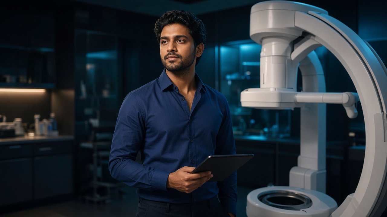 Engineer with a tablet beside imaging equipment